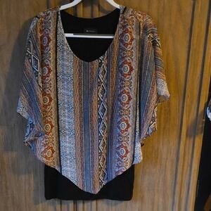 AB Studios, flowy sleeved blouse, black underlayer, wavy sleeves, Size L